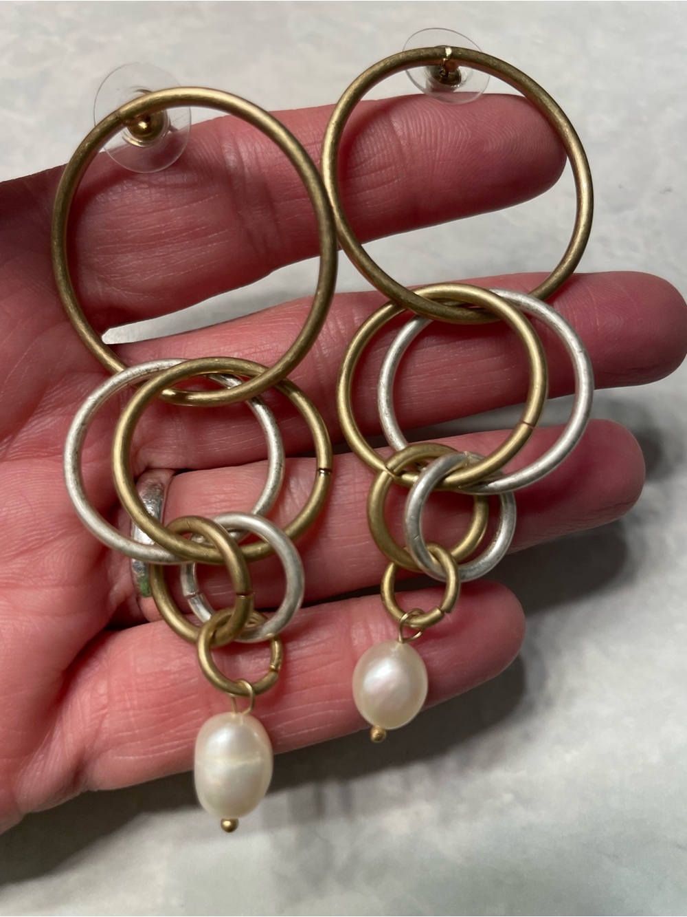 Mixed Metal Hoop Drop Earrings with Real Freshwater Pearl Dangle